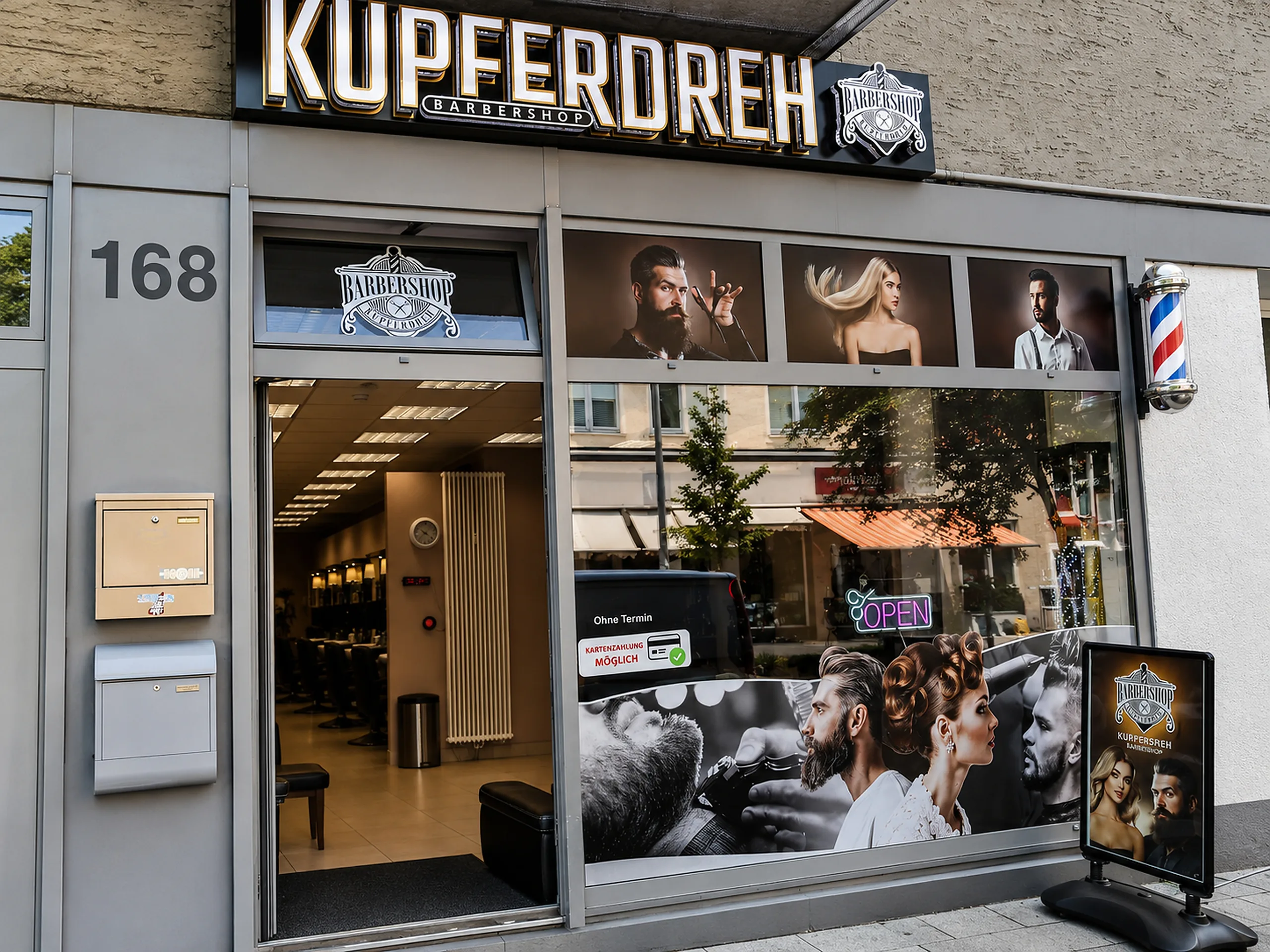 Außenansicht vom Barbershop Kupferdreh an der Kupferdreher Straße 168 in Essen mit Leuchtschild und Barber-Pole